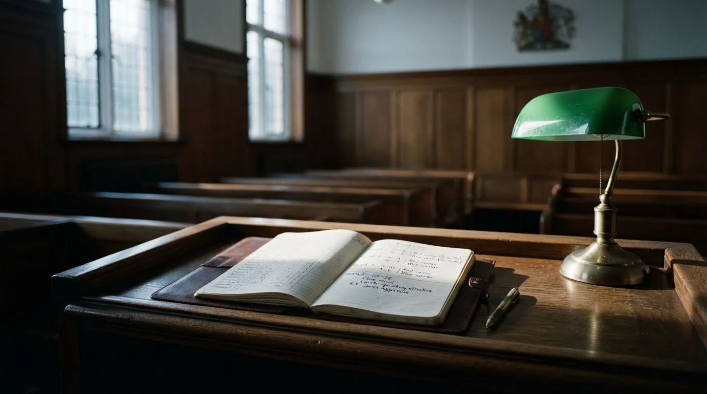 An empty courtroom with wooden benches in morning light