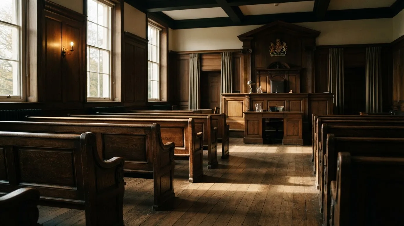 An empty courtroom with wooden benches in morning light