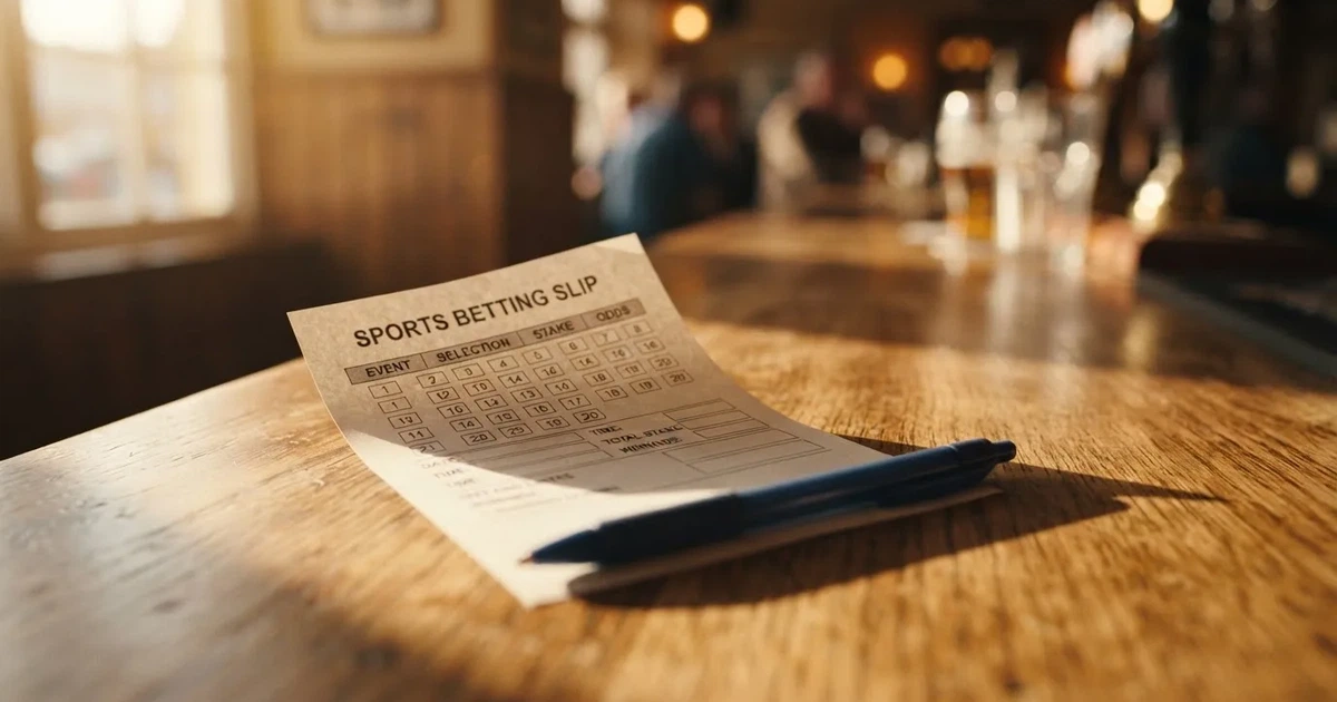 A blank paper betting slip beside a pen on a wooden counter