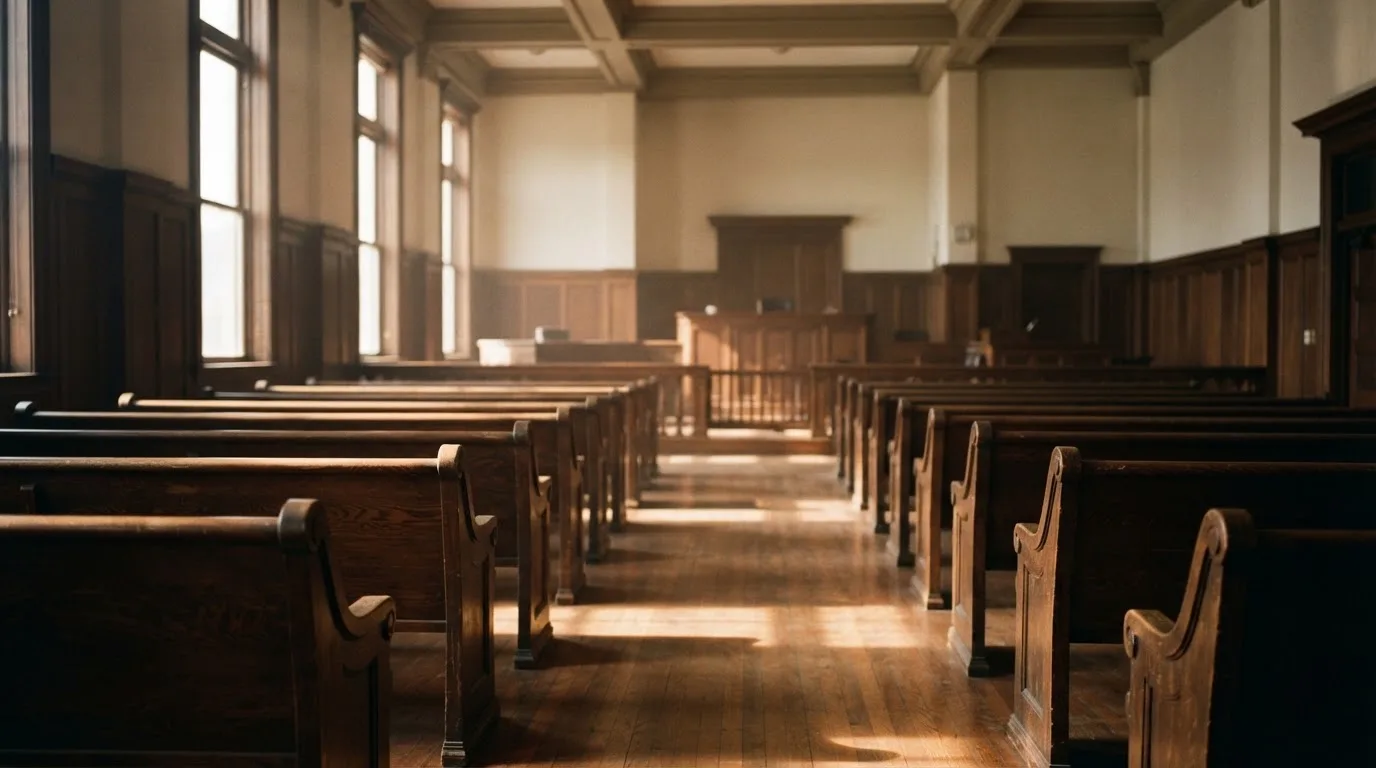 An empty courtroom with wooden benches in morning light