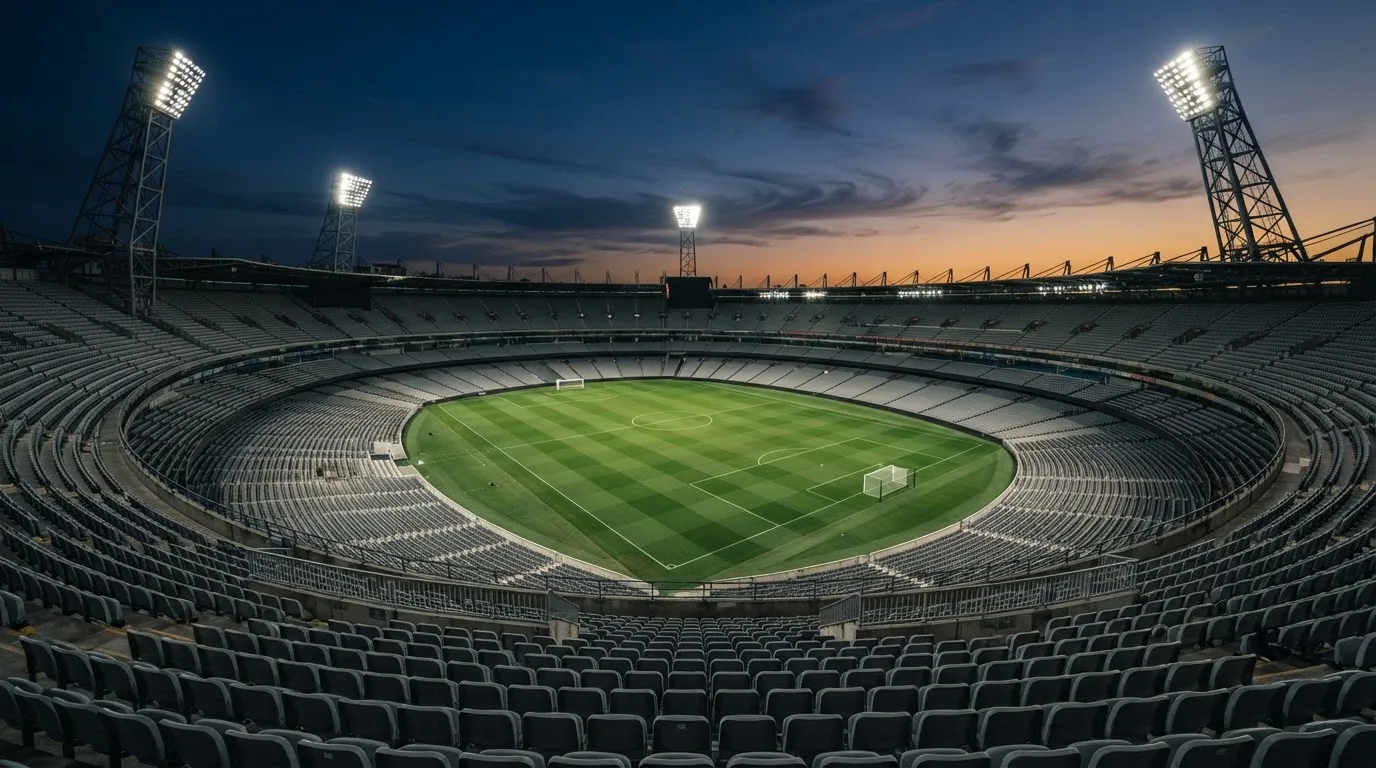 An empty football stadium with floodlight masts at dusk