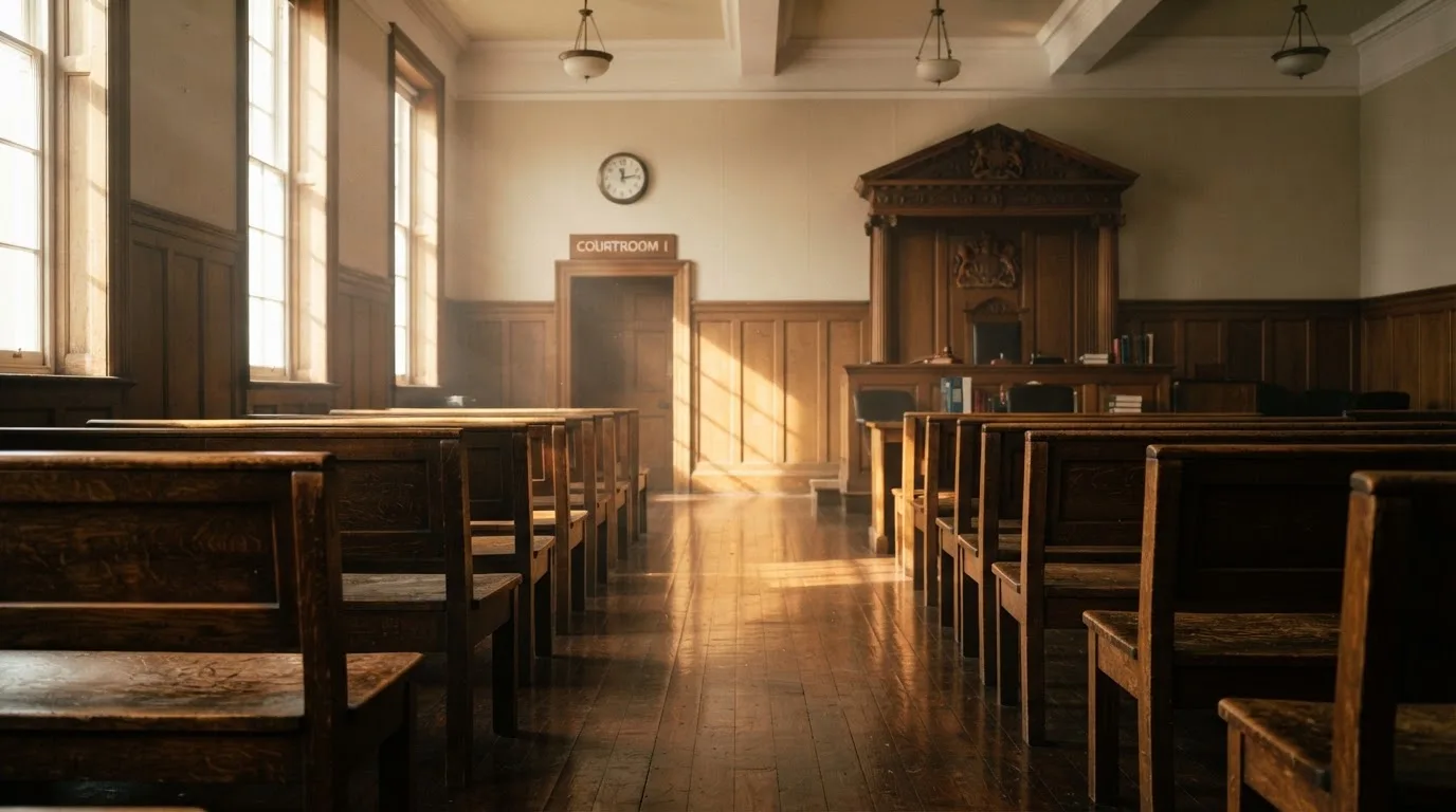 An empty courtroom with wooden benches in morning light