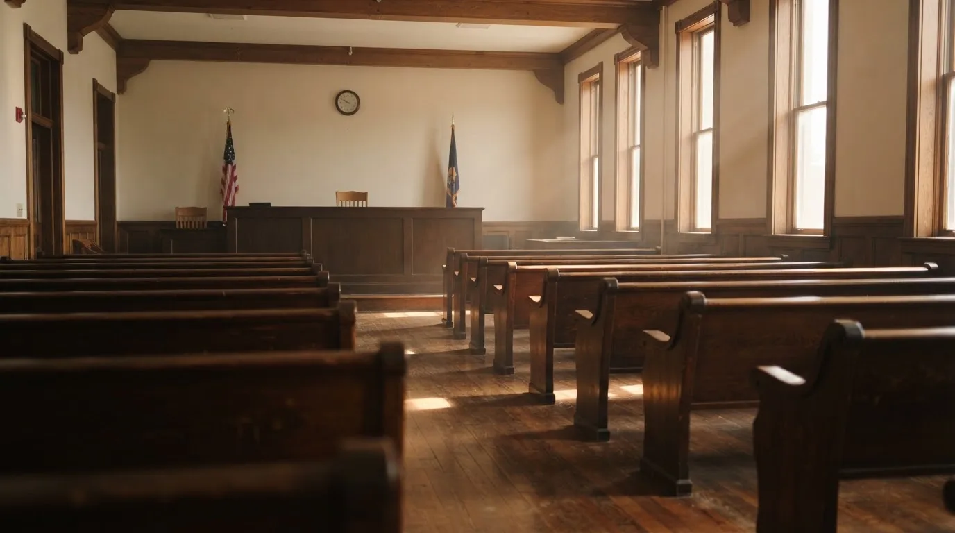 An empty courtroom with wooden benches in morning light