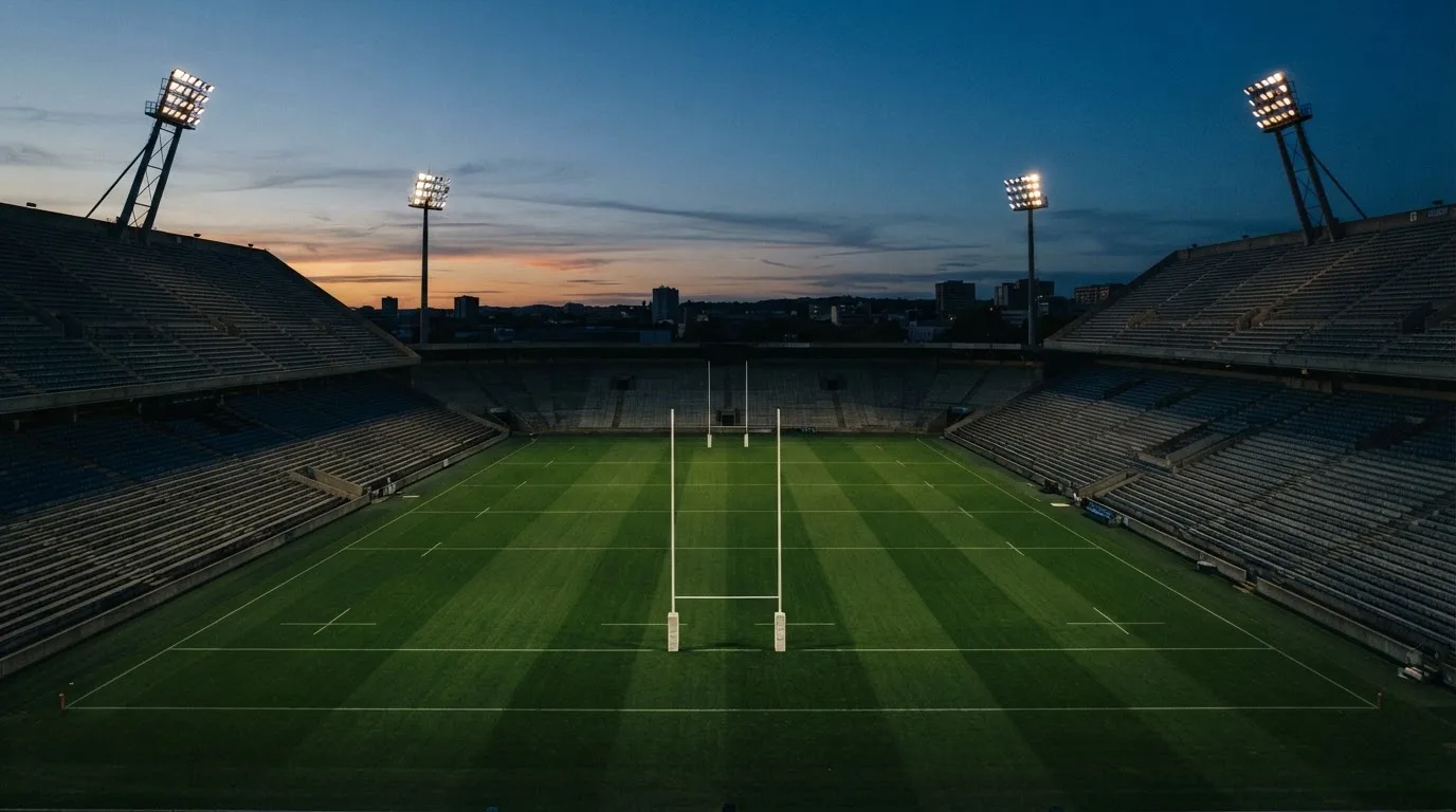An empty football stadium with floodlight masts at dusk