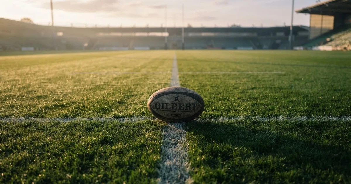 A ball on the centre spot of a grass pitch in morning light