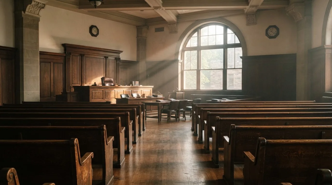 An empty courtroom with wooden benches in morning light