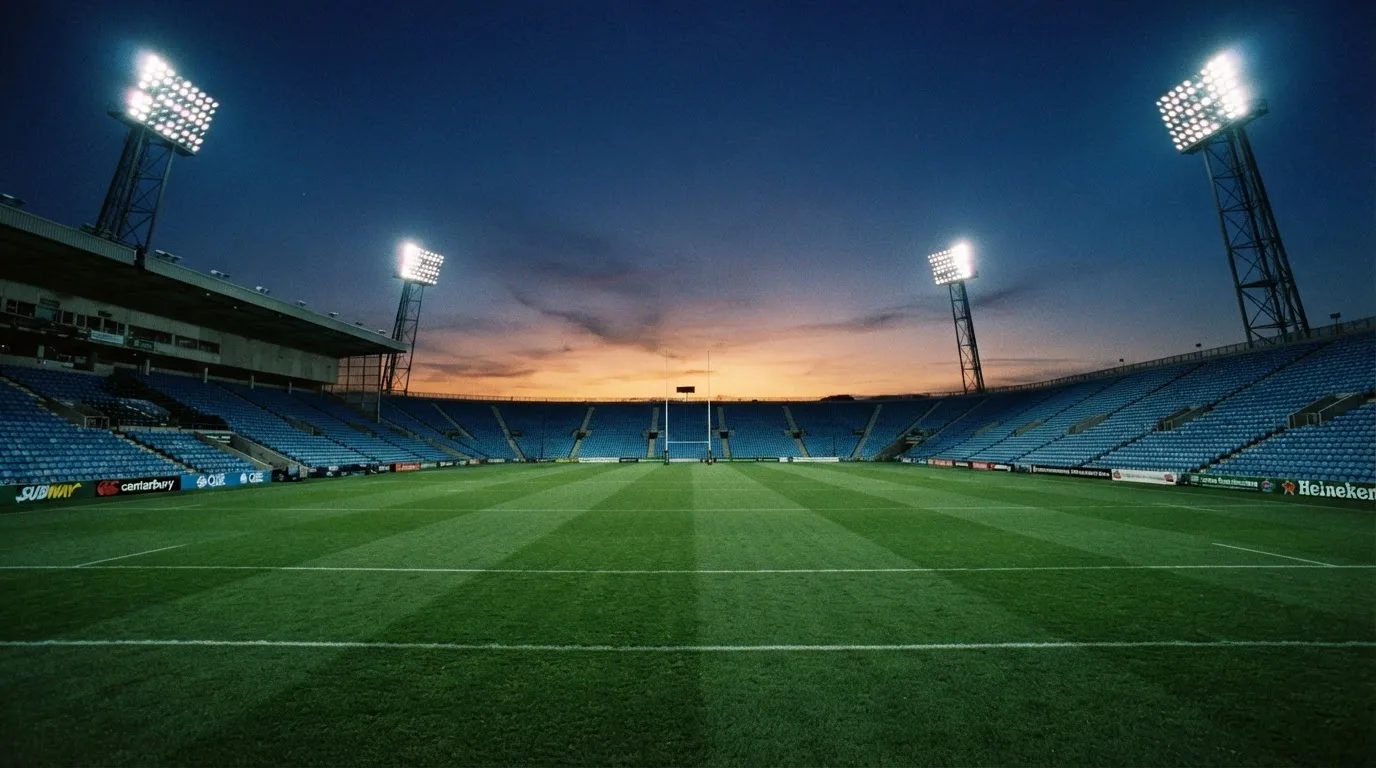 An empty football stadium with floodlight masts at dusk