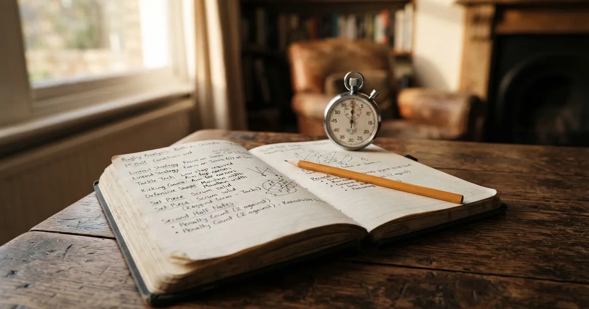 An open notebook with a pencil and a stopwatch on a wooden table