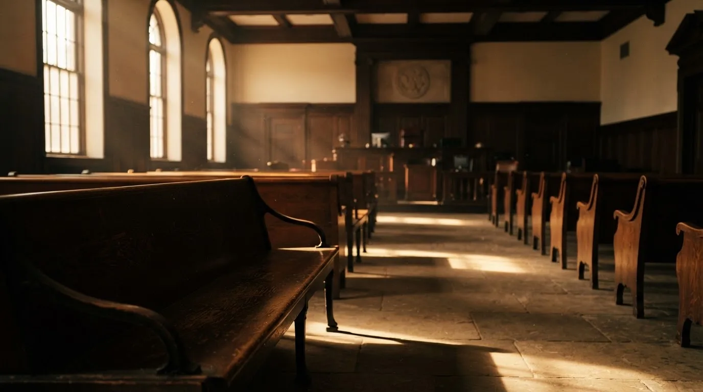 An empty courtroom with wooden benches in morning light