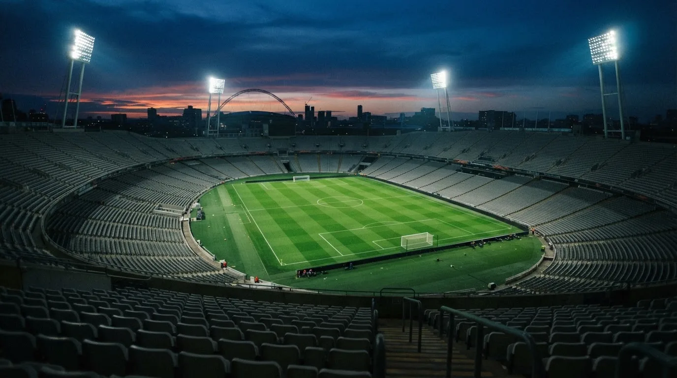 An empty football stadium with floodlight masts at dusk
