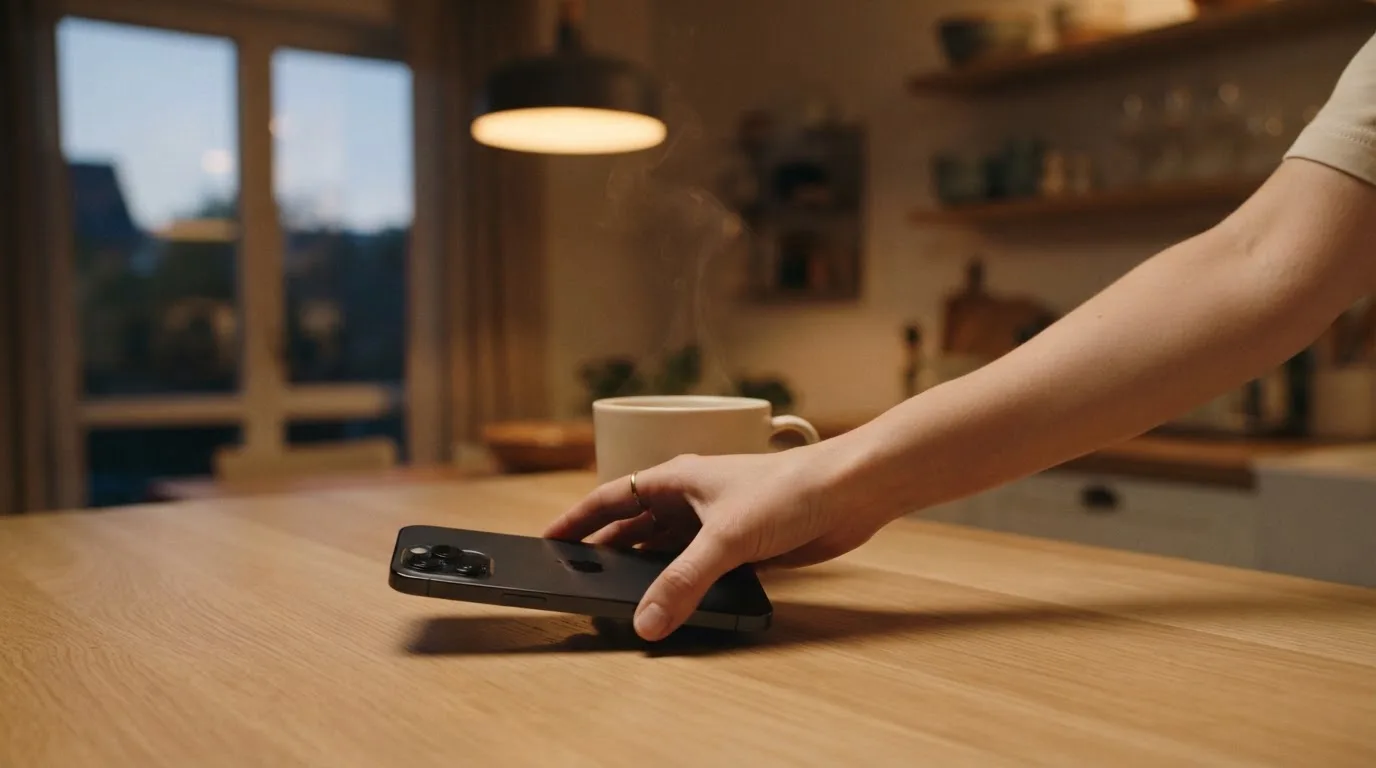 A hand setting a smartphone down beside a cup of tea on a kitchen table on a quiet evening
