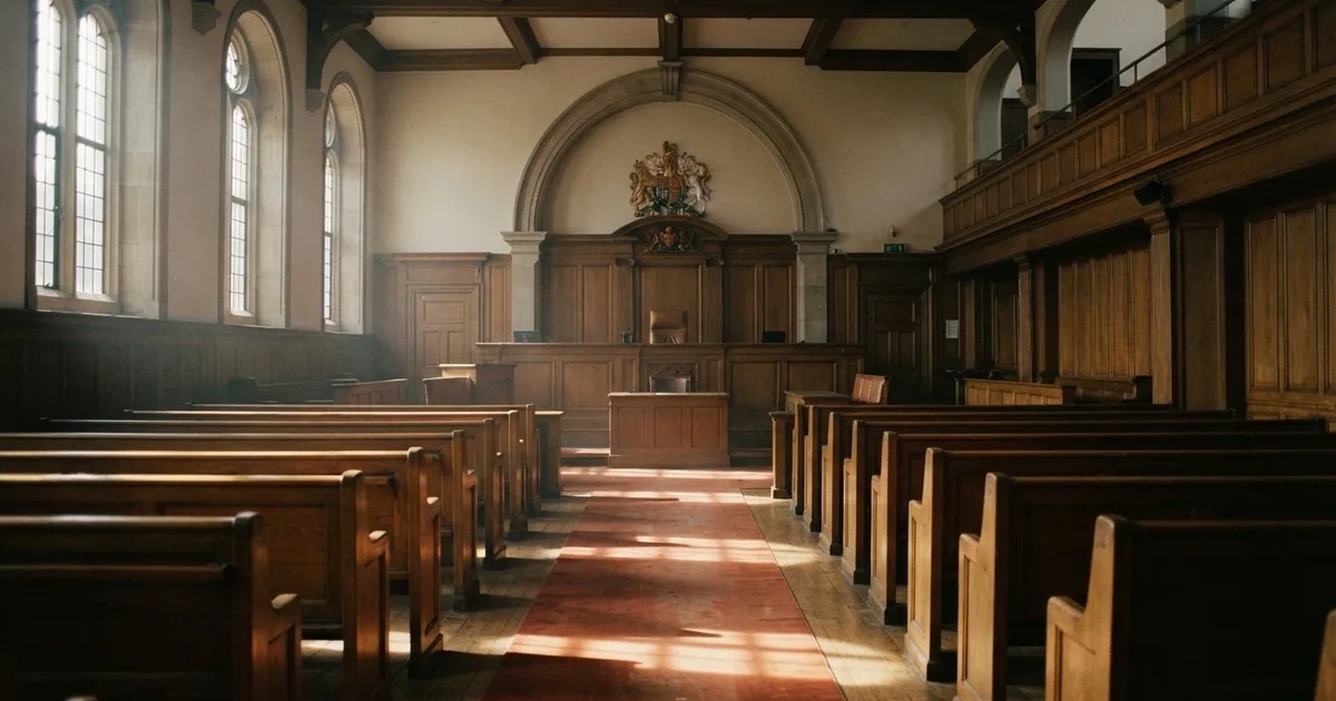 An empty courtroom with wooden benches in morning light