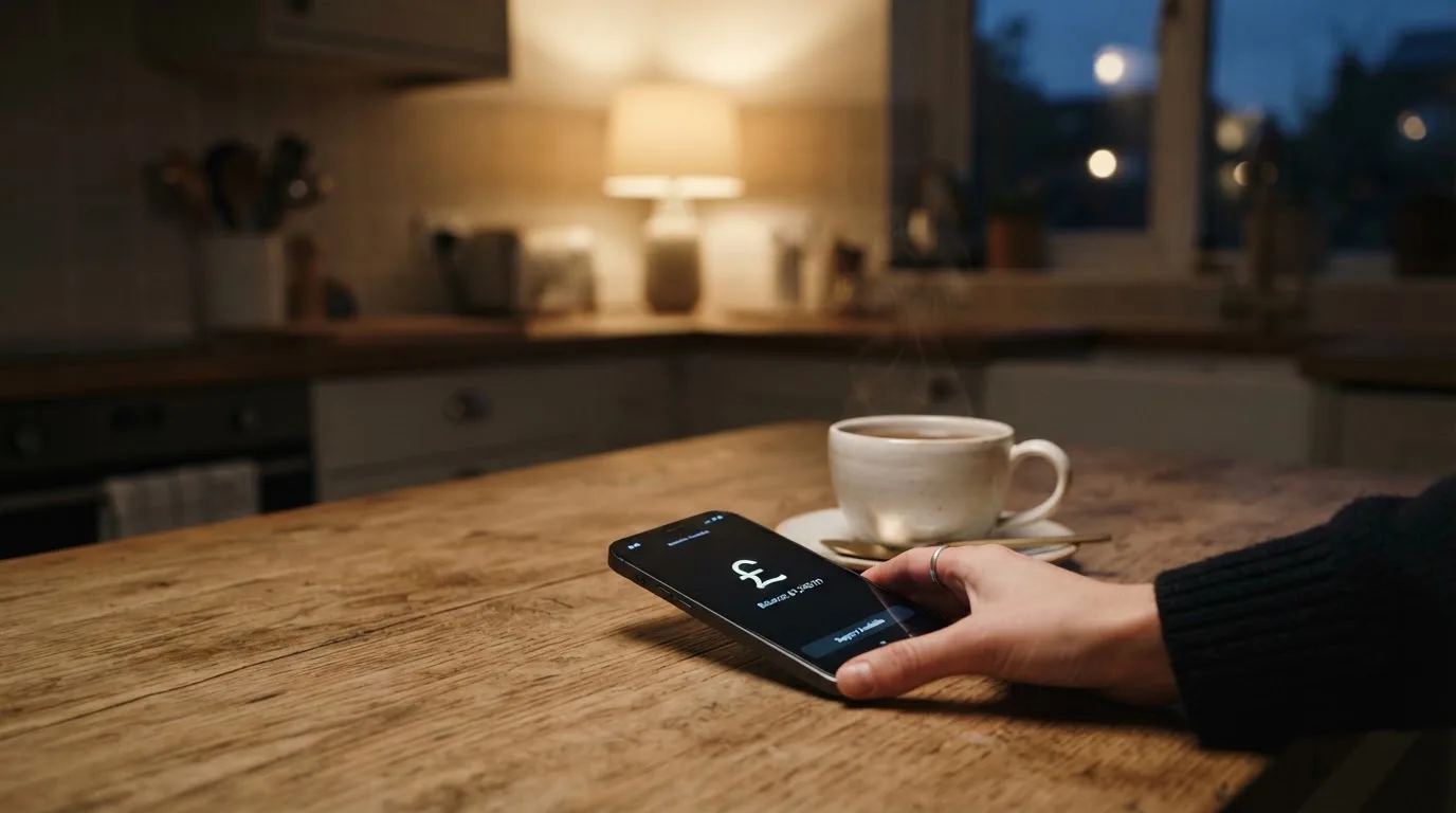 A hand setting a smartphone down beside a cup of tea on a kitchen table on a quiet evening