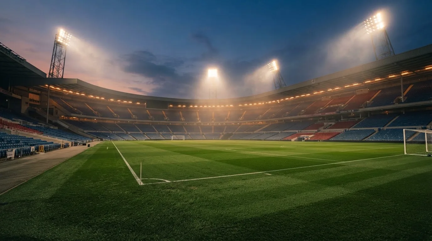 An empty football stadium with floodlight masts at dusk