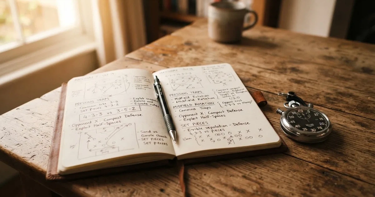 An open notebook with a pencil and a stopwatch on a wooden table