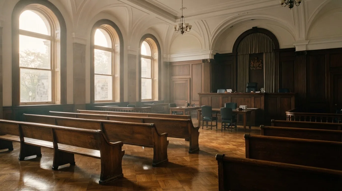 An empty courtroom with wooden benches in morning light