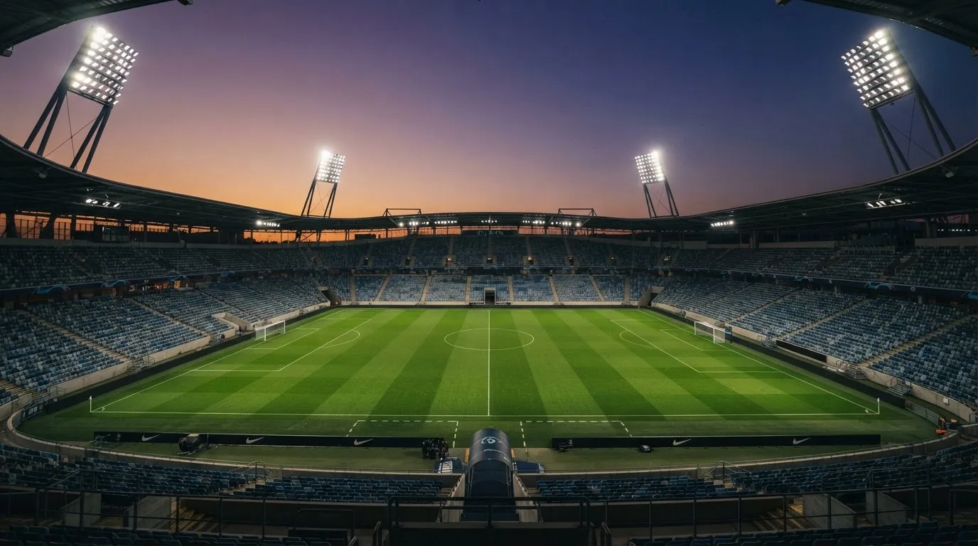 An empty football stadium with floodlight masts at dusk