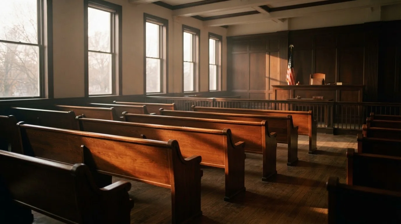 An empty courtroom with wooden benches in morning light
