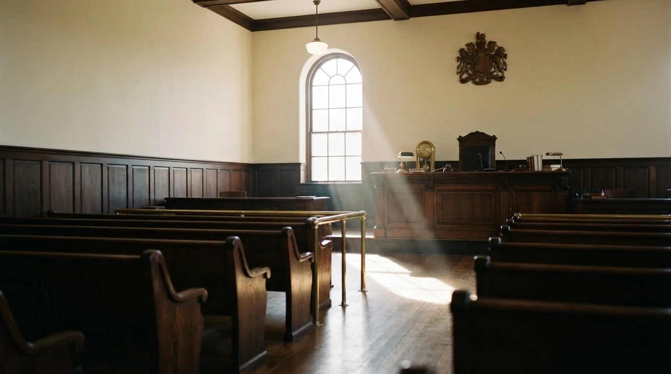 An empty courtroom with wooden benches in morning light
