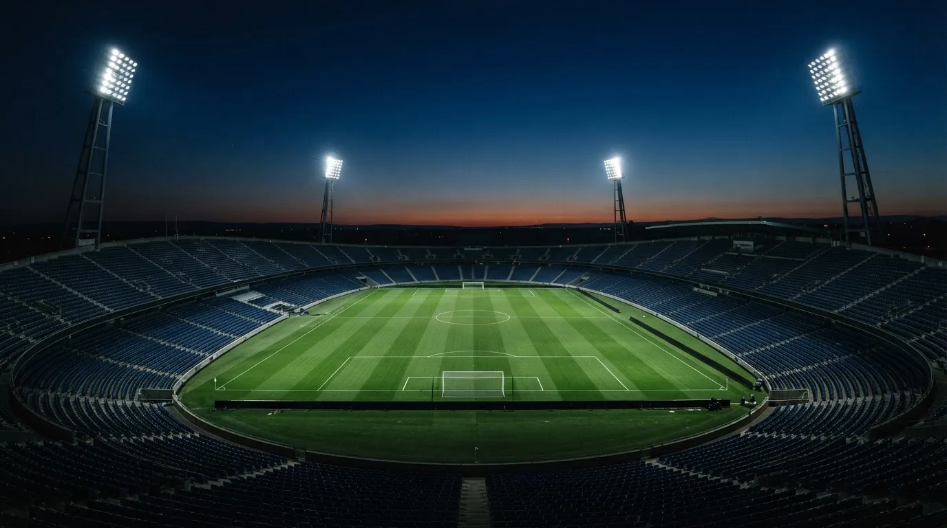 An empty football stadium with floodlight masts at dusk