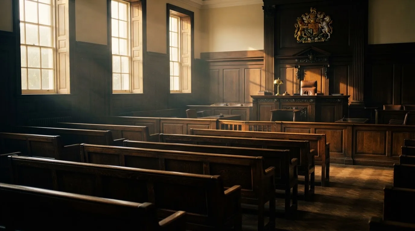 An empty courtroom with wooden benches in morning light