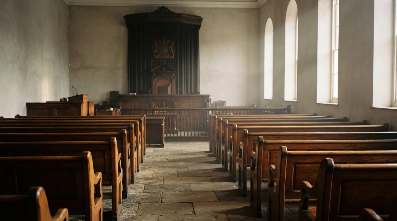 An empty courtroom with wooden benches in morning light