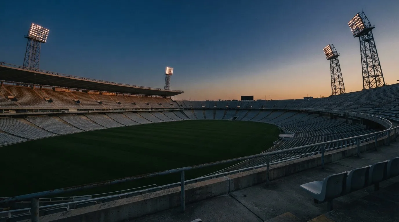 An empty football stadium with floodlight masts at dusk