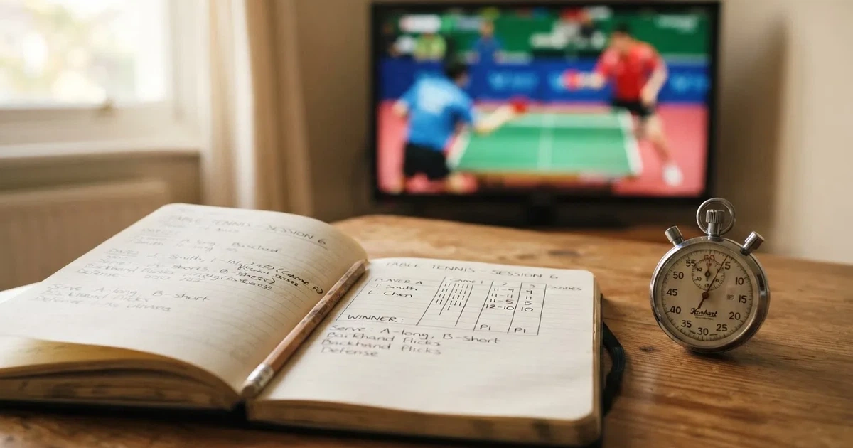An open notebook with a pencil and a stopwatch on a wooden table