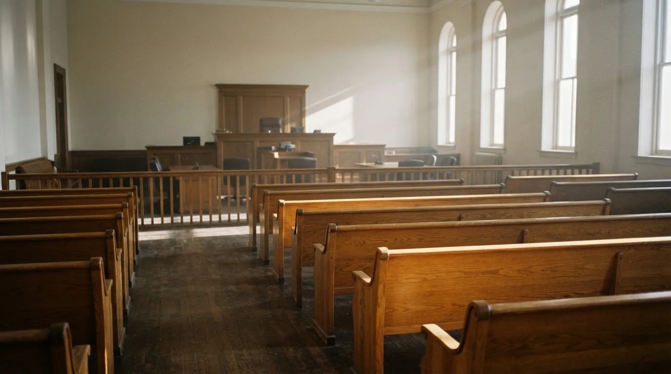 An empty courtroom with wooden benches in morning light