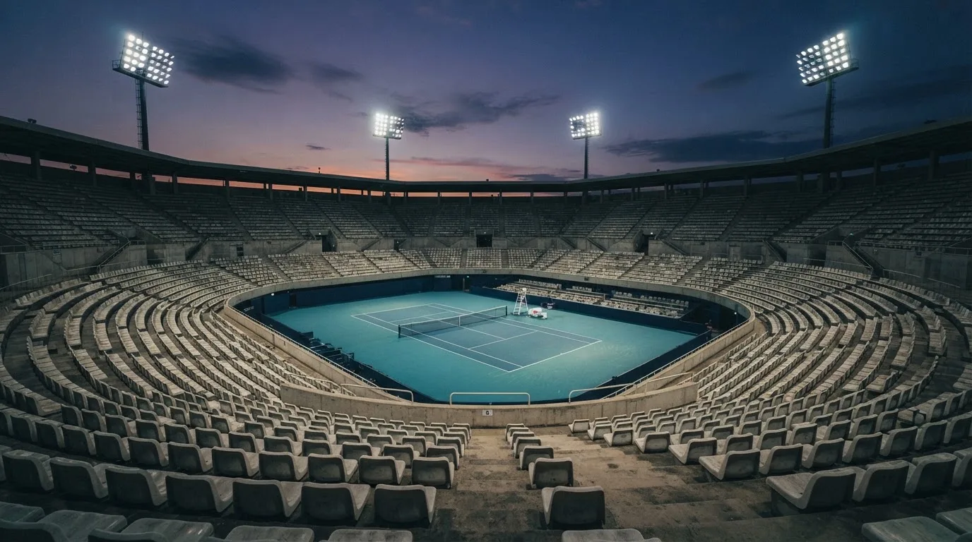 An empty football stadium with floodlight masts at dusk
