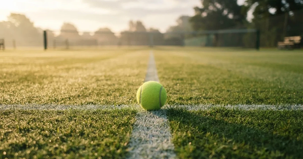 A ball on the centre spot of a grass pitch in morning light