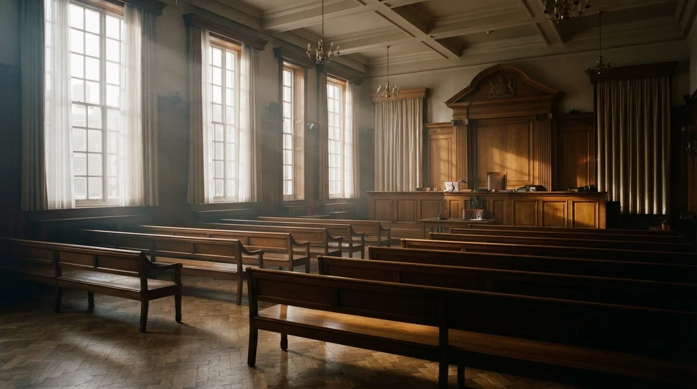 An empty courtroom with wooden benches in morning light