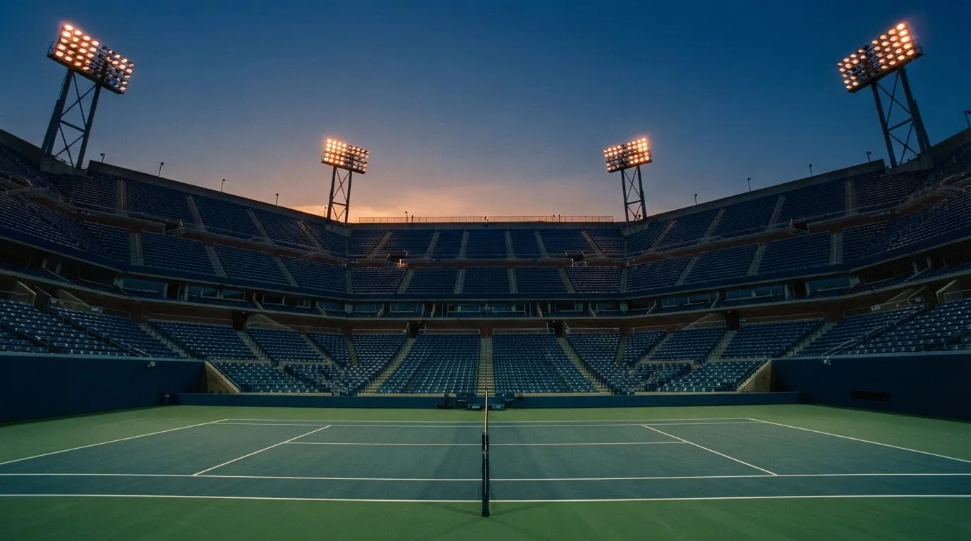 An empty football stadium with floodlight masts at dusk