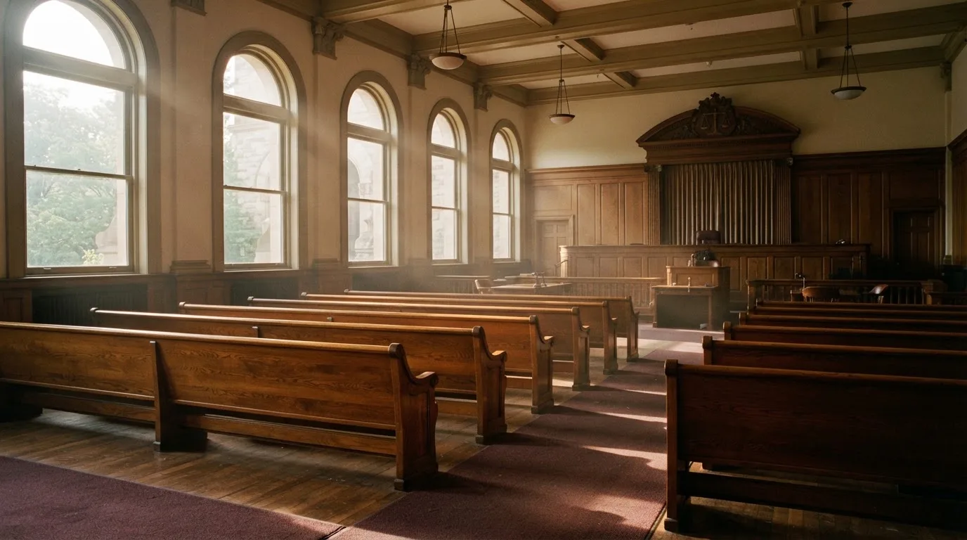 An empty courtroom with wooden benches in morning light
