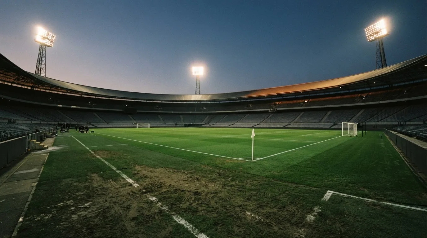An empty football stadium with floodlight masts at dusk