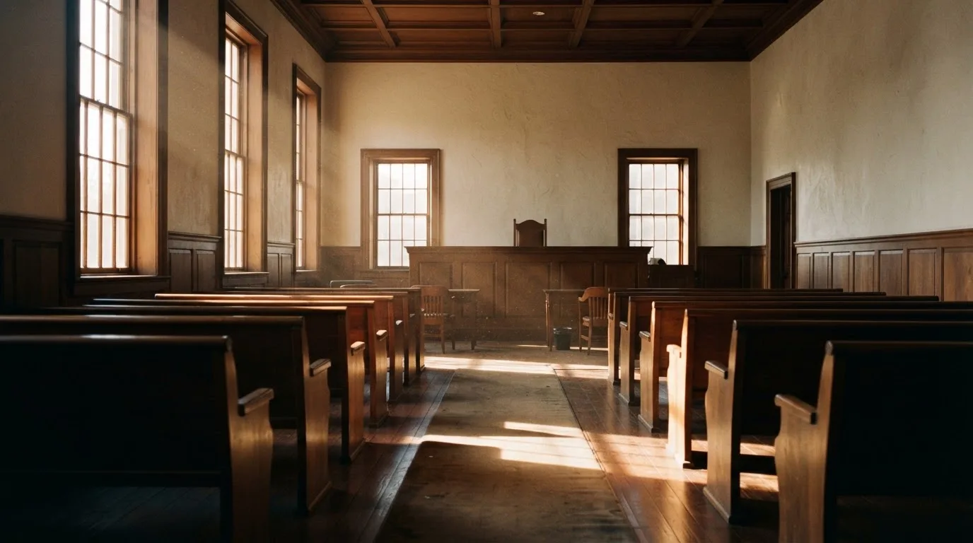 An empty courtroom with wooden benches in morning light