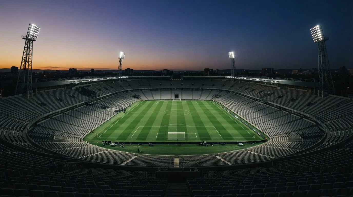 An empty football stadium with floodlight masts at dusk