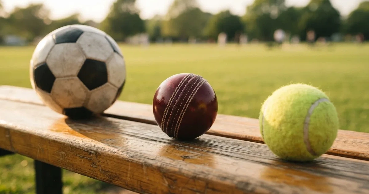 Three balls of different kinds side by side on a wooden bench