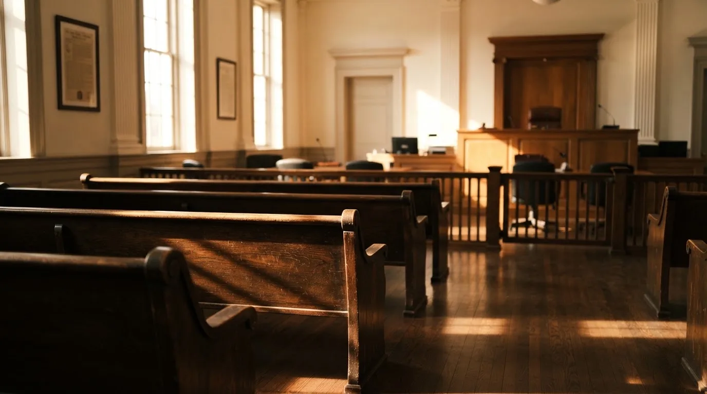 An empty courtroom with wooden benches in morning light