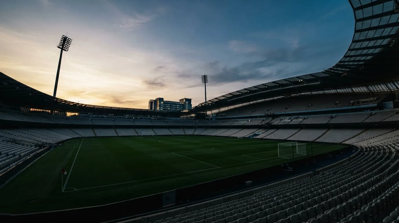 An empty football stadium with floodlight masts at dusk