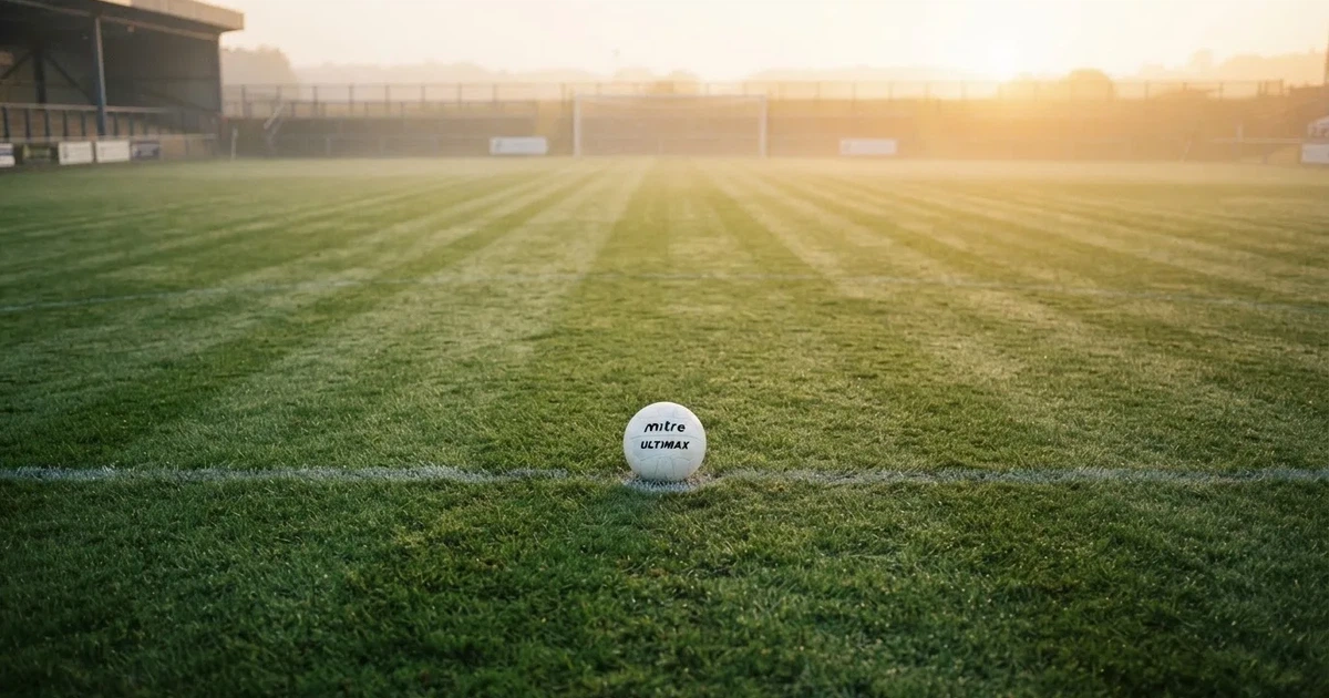 A ball on the centre spot of a grass pitch in morning light
