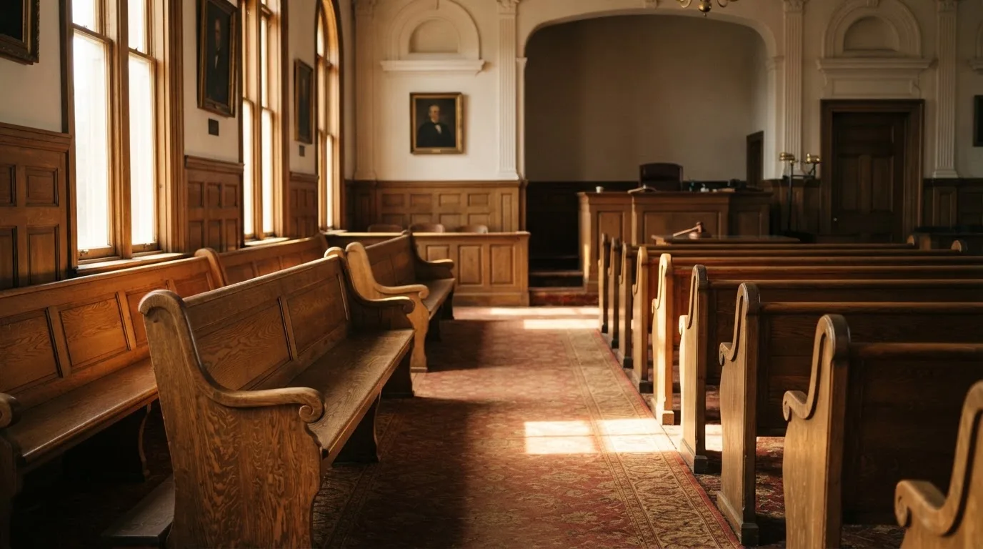 An empty courtroom with wooden benches in morning light