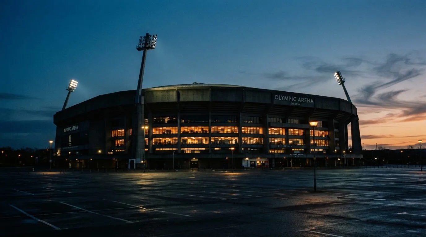 An empty football stadium with floodlight masts at dusk