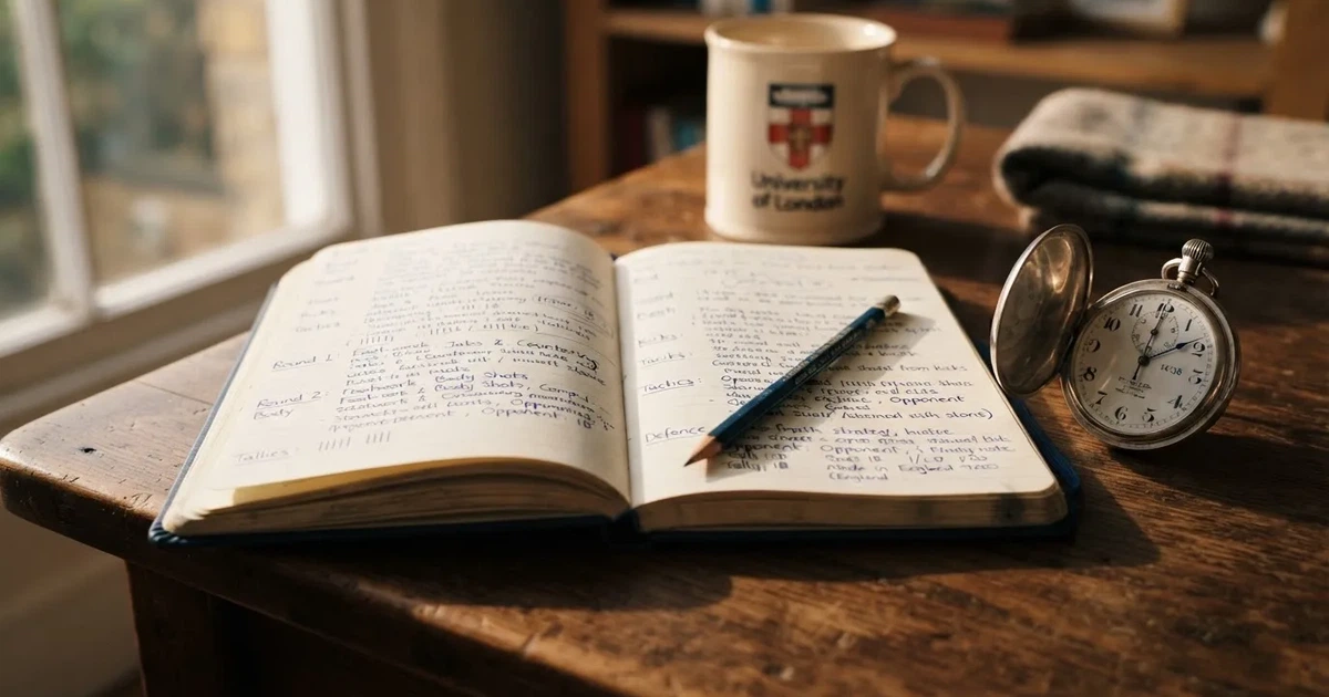 An open notebook with a pencil and a stopwatch on a wooden table