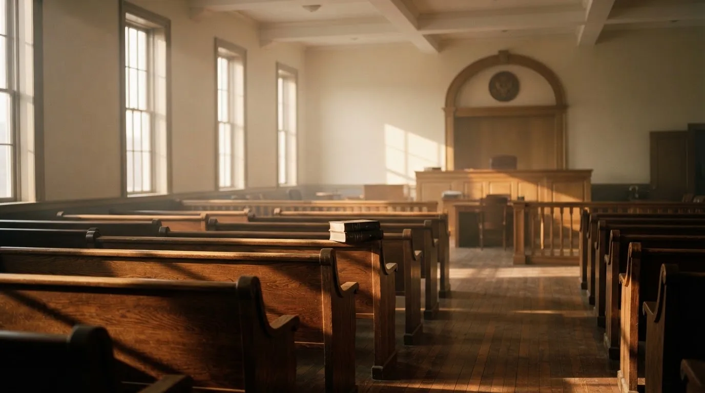 An empty courtroom with wooden benches in morning light