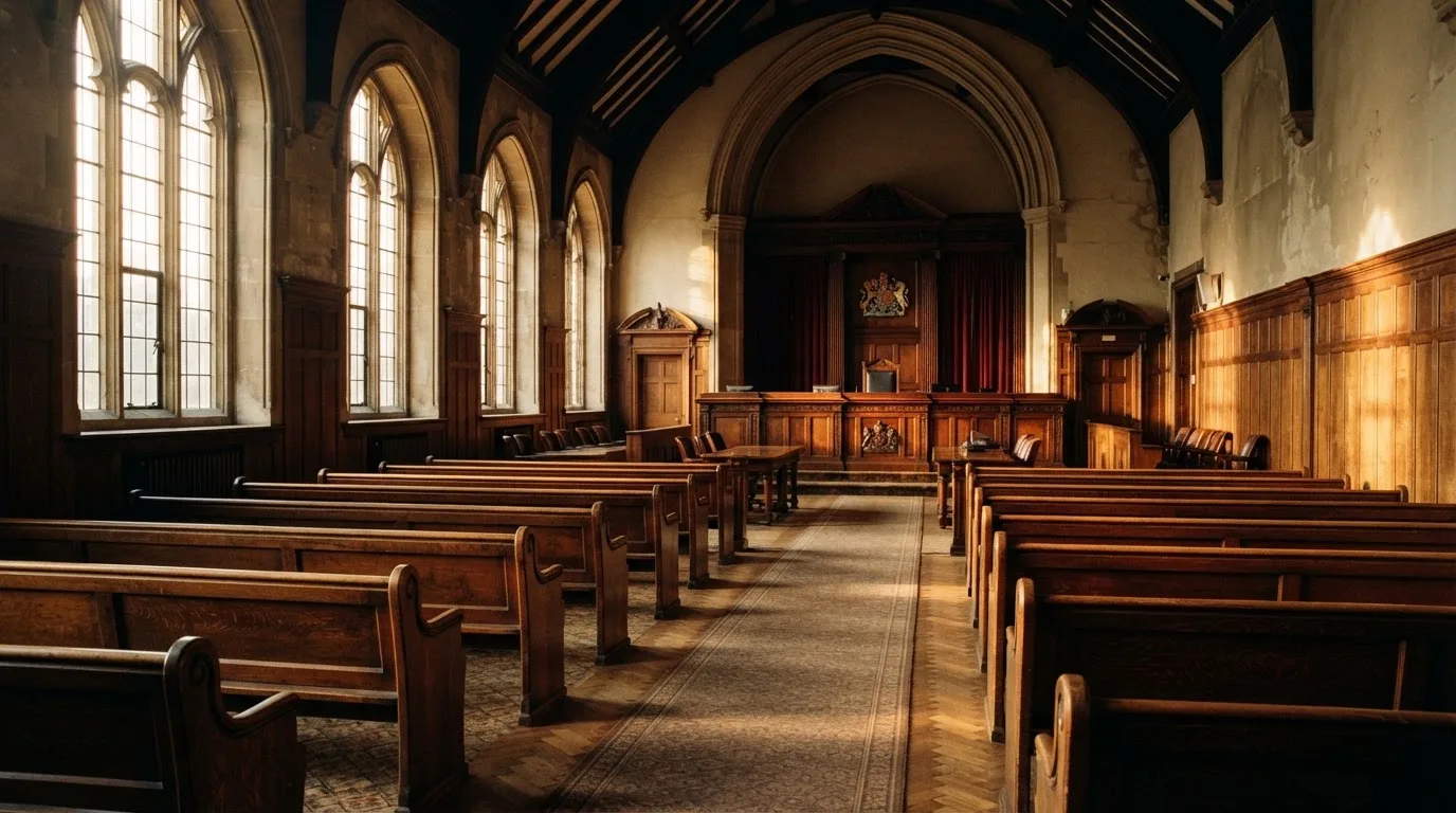 An empty courtroom with wooden benches in morning light