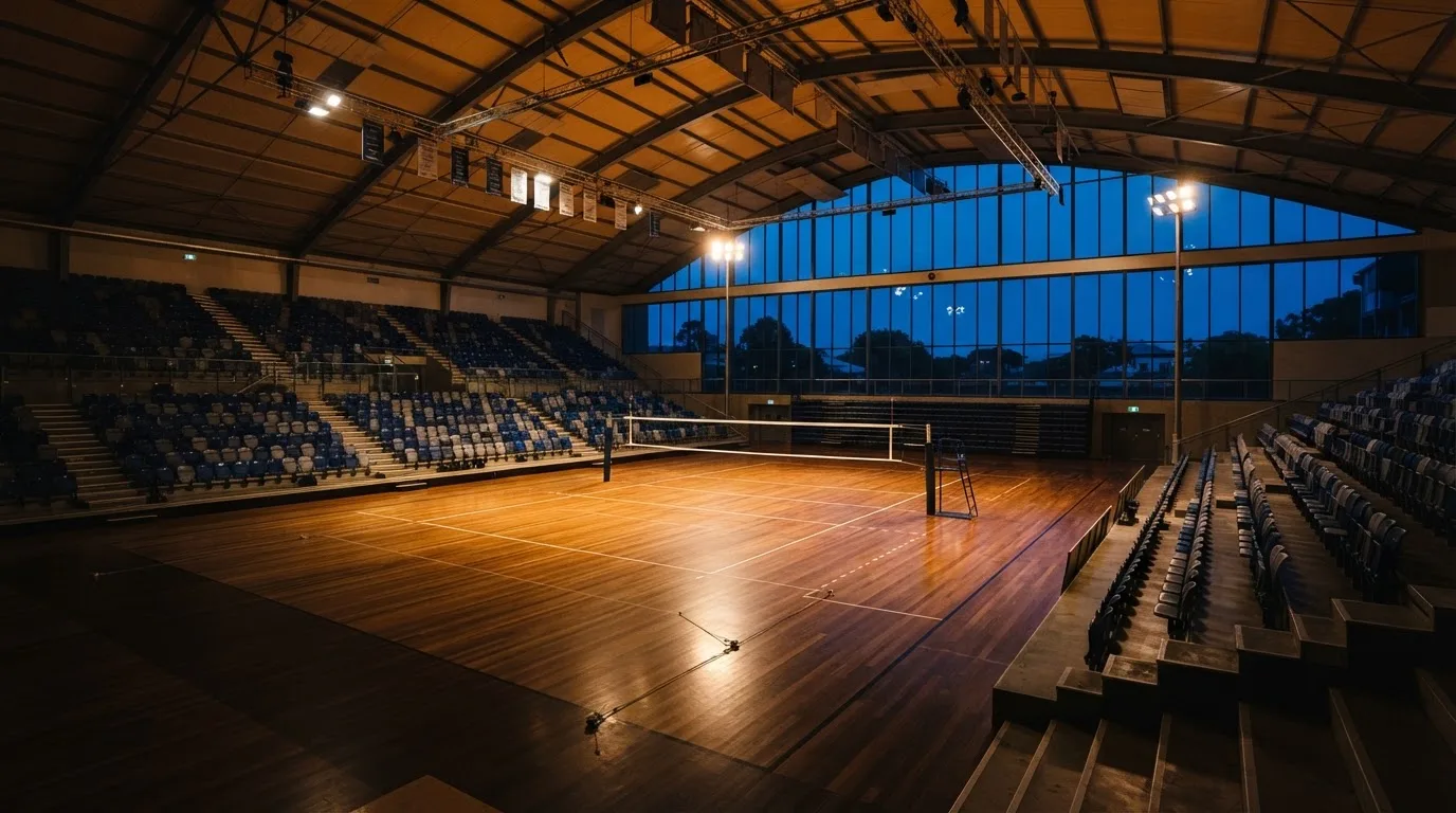 An empty football stadium with floodlight masts at dusk