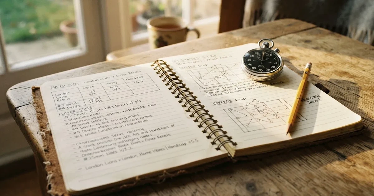 An open notebook with a pencil and a stopwatch on a wooden table