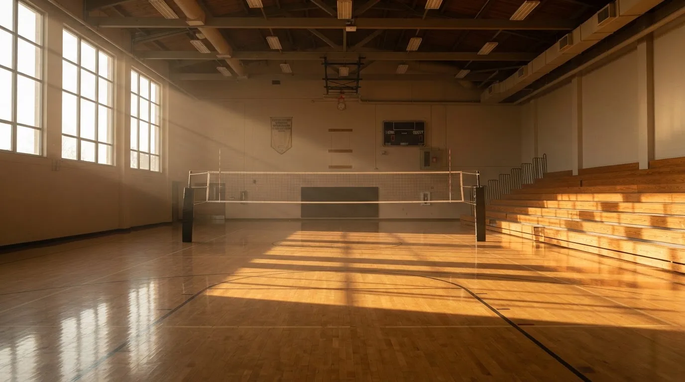 An empty courtroom with wooden benches in morning light
