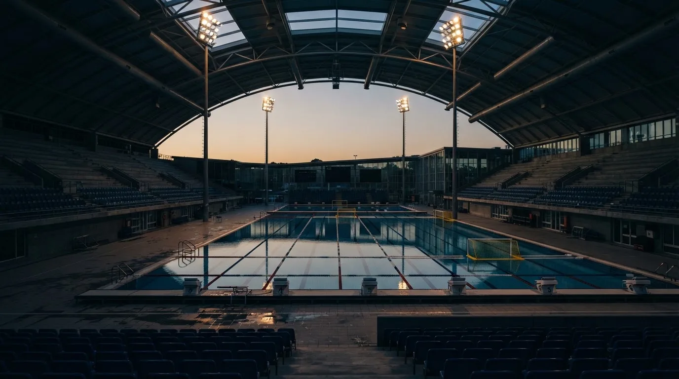An empty football stadium with floodlight masts at dusk